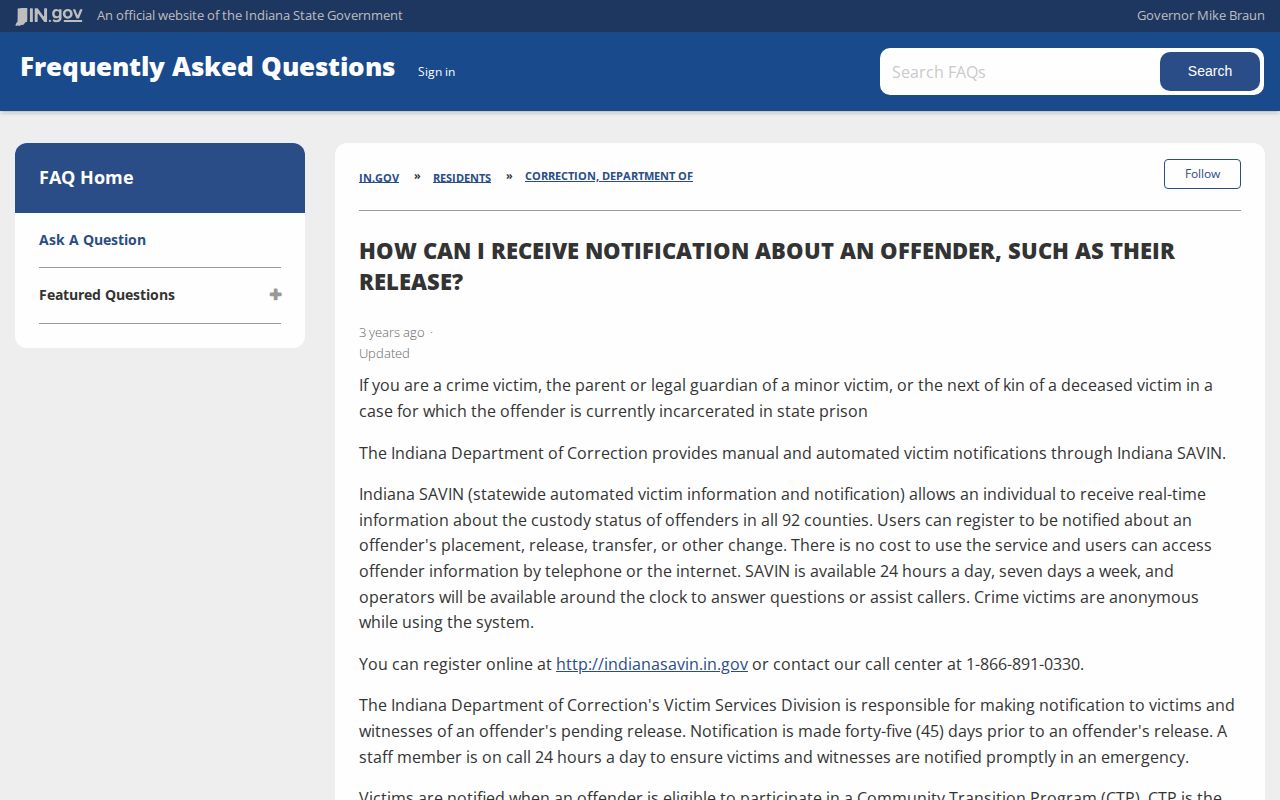 Fayette County custody release notification through Indiana SAVIN